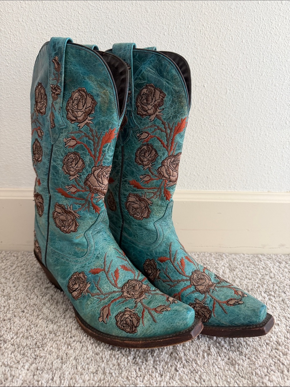 Lucchese Turquoise Embroidered Rose Western Boots -